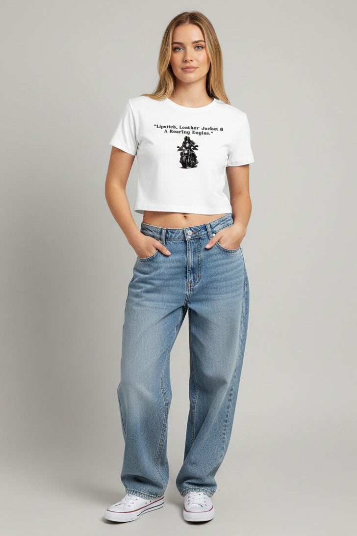 Lipstick, Leather Jacket & A Roaring Engine | Biker Girl Graphic Crop Tee