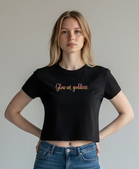 Glow On, Goddess | Black Aesthetic Crop Tee