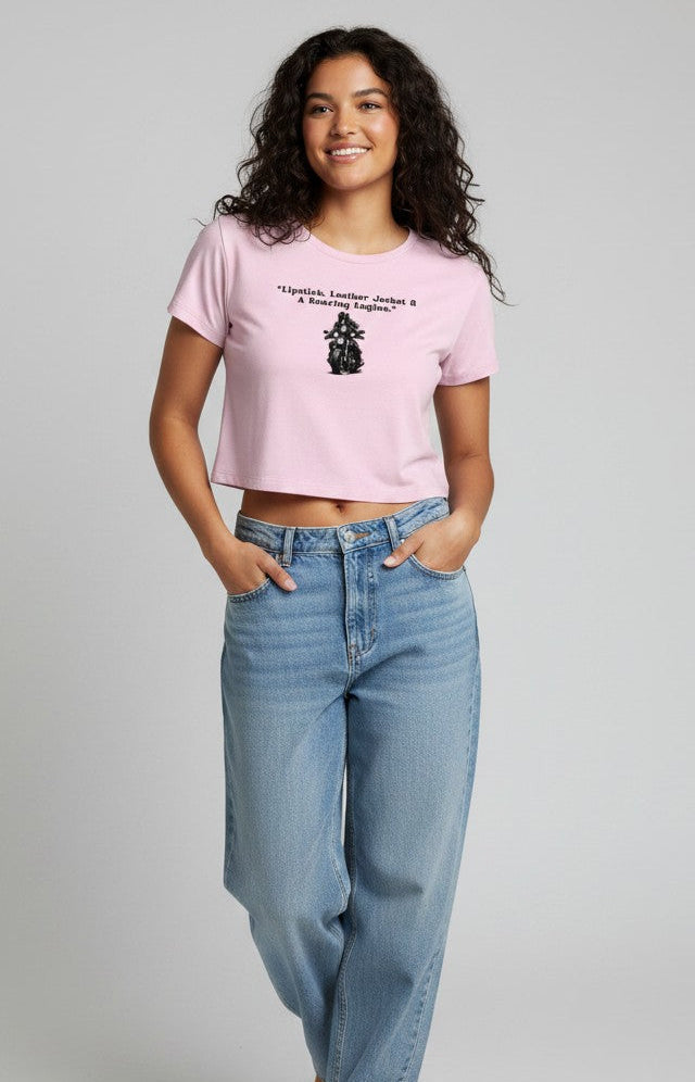Lipstick, Leather Jacket & A Roaring Engine | Biker Girl Graphic Crop Tee